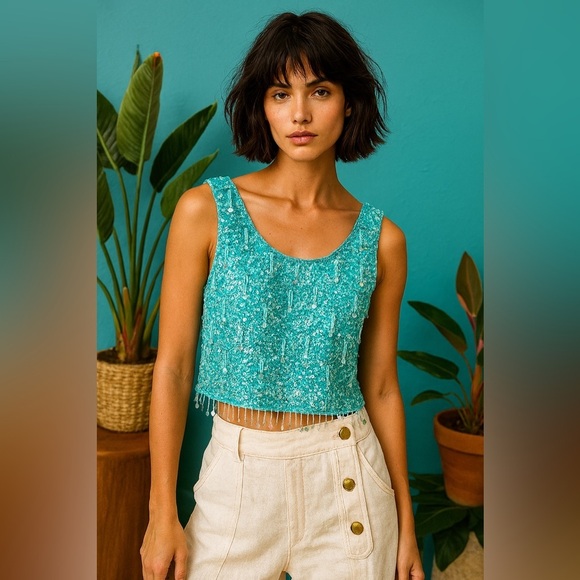 VINTAGE 1960s Sequin Sparkly Embellished Turquoise Top - Picture 3 of 13
